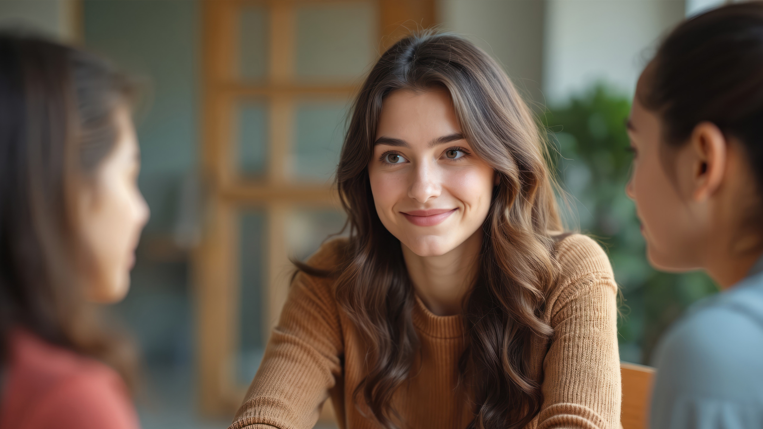 female student sat with friends smiling